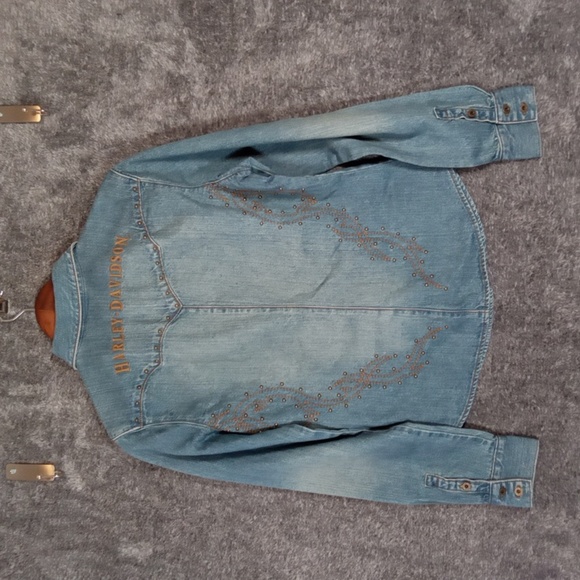 Harley-Davidson Blue Embroidered Button-Down Shirt Denium Costal Womens M - Picture 4 of 11